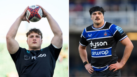 A split picture image showing Jasper Spandler on the left holding a rugby ball above his head ready to throw into the lineout, and Tom Cowan on the right with his hands on his hips during a match