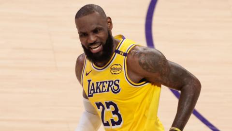 LeBron James celebrating during a play-off game against Minnesota Timberwolves in April.