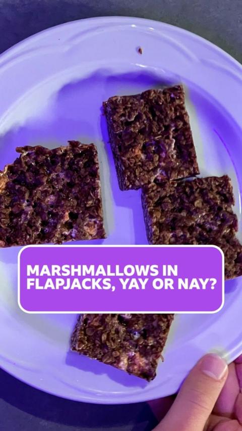 A white plate with four brown chocolate flapjacks on it