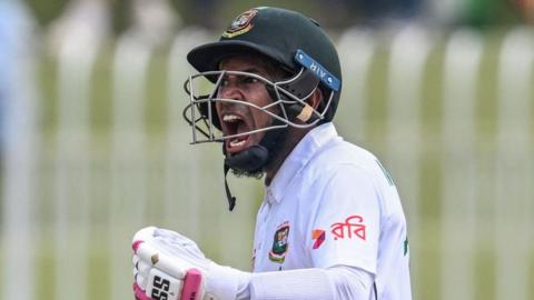 Bangladesh batter Mushfiqur Rahim celebrates hitting a century v Pakistan