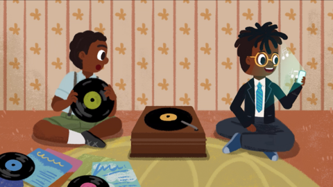 An illustration of two young boys sit on the floor next to a record player.