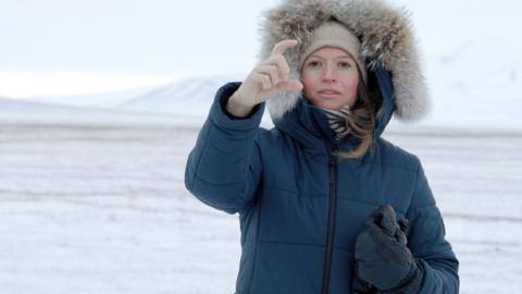 A woman in a winter coat on the Arctic tundra