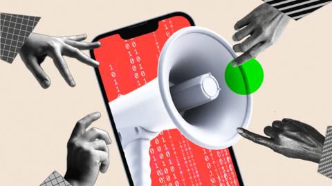 Hands around a mobile phone displaying binary code and a megaphone
