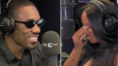 Split image with Giveon in dark glasses smiling on the left while Nadia Jae on the right holds the bridge of her nose smiling