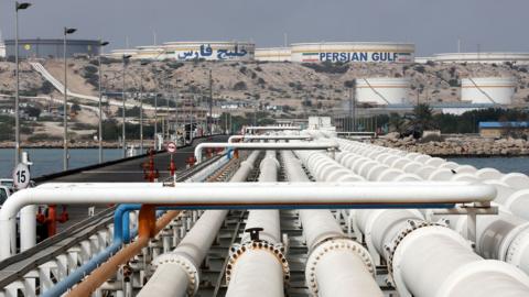 Terminal at Kharg Island in 2017 showing oil pipes leading to terminal