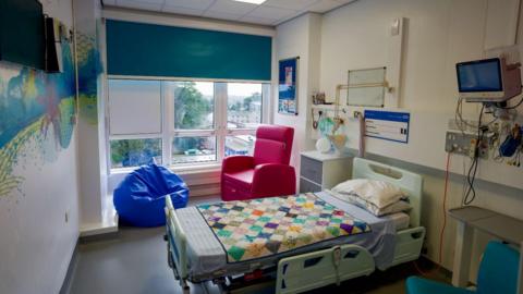 A hospital room with a bright coloured mural of a beach/palm tree scene, a blue bean bag, a pink chair and a patterned, multicoloured blanket over the hospital bed.