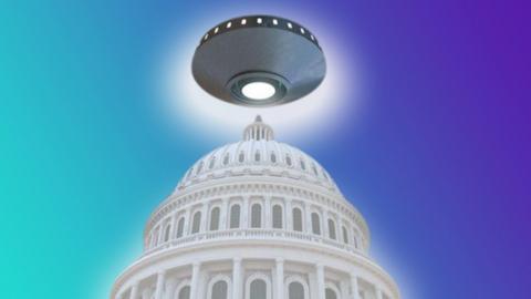 Illustration of a space ship flying over US Congress building