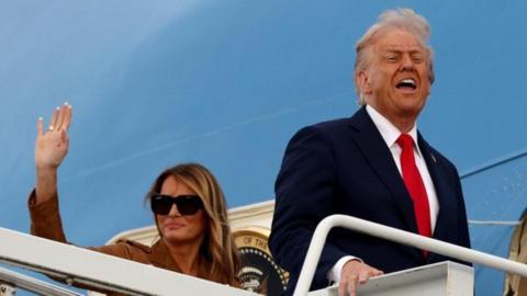 Donald Trump and First Lady Melania depart London Stansted Airport on Air Force One, their state visit officially comes to an end.