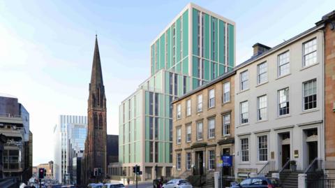 A Glasgow street with a CGI generated version of the flats. There are blue accented windows that looks about 9 stories high. It sits on the corner of St Vincent street and is next to the spire of St Columba Church of Scotland. 