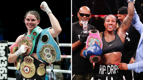 Split image of Savannah Marshall with her world titles beside Shadasia Green with her own world titles