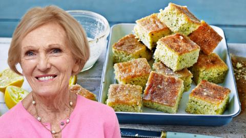 Mary Berry and her Lemon drizzle traybake cake