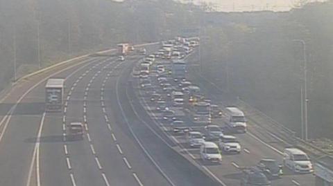 Congested motorway lanes.