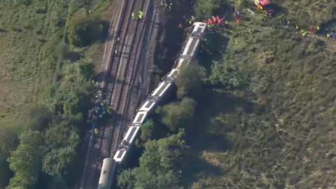 Derailed train seen on tracks
