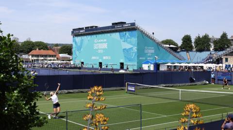 A general view of the action between Elisabetta Cocciaretto of Italy and Emiliana Arango of Columbia during their Women's Singles Round 1 Qualifying match during the Lexus Eastbourne Open at Devonshire Park on June 21, 2025 in Eastbourne.