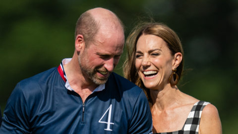 Catherine, Princess of Wales laughing and Prince William, Prince of Wales looks down during The Royal Charity Polo Cup 2026 Guards Polo Club.