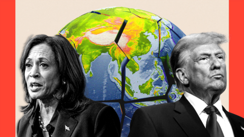 A treated image showing Kamala Harris and Donald Trump in front of a cracked globe