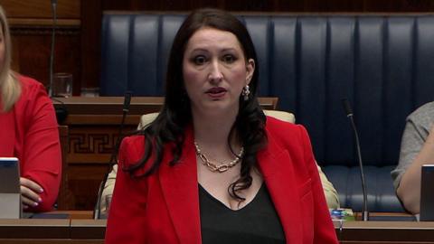 Emma Little-Pengelly is delivering a speech in the assembly chamber. She is standing in front of dark blue benches. She has long, brown hair and is wearing a red blazer, a black top and a gold chain and pearl necklace.