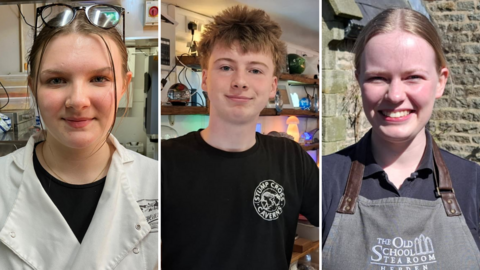A composite image showing three young people looking into the camera and smiling. The first is Lucy, wearing chef's whites and in a kitchen. In the middle is Kayden, wearing a Stump Cross Caverns branded T-shirt and in a shop. Emily is on the right, wearing an apron and standing outside.