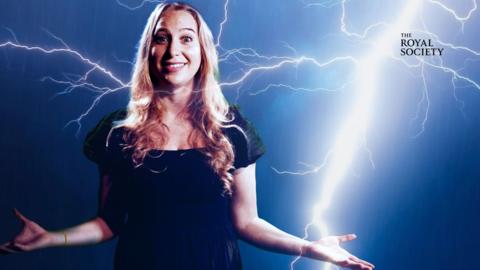 Presenter Sophia Herod with lightning on a green screen in the background