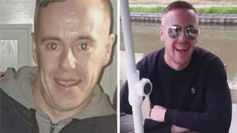 Two images of a man with brown hair who is looking into the camera. In the second image he is wearing sunglasses and has his arms crossed in his lap.