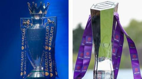 The men's premier league silver trophy is a traditional "cup" shape, with a top shaped like a crown.  It has blue ribbons from its handles.  The women's super league silver trophy is shaped like a torch and has purple ribbons attached to it.