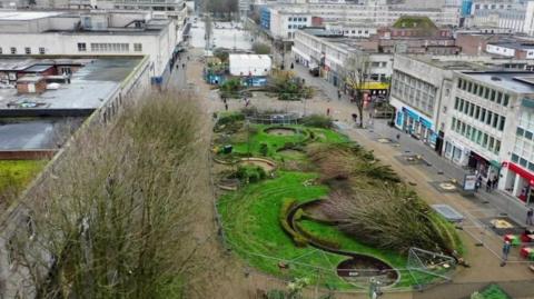 An aerial view of Armada Way in Plymouth showing the aftermath of the council cutting down more than a hundred trees.