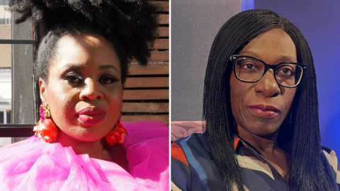 A composite image of Dr Claire Ogah and Ngozi Cole. Claire is wearing a bright pink tulle top and has her black hair up. Ngozi is wearing a blue top and glasses and has long her black hair in braids.