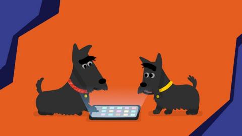 Two animated dogs staring down at a tablet device