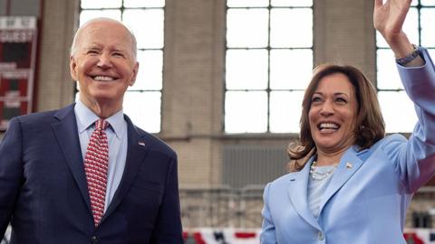 U.S. President Joe Biden and U.S. Vice President Kamala Harris wave to members of the audience after speaking at a campaign rally at Girard College on May 29, 2024 in Philadelphia, Pennsylvania