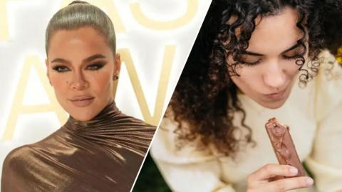 A split image of Khloe Kardashian and a woman biting into a protein bar.