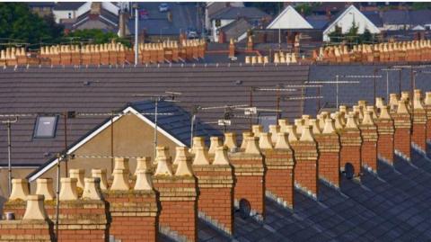 Multiple roof tops with beige and brick-coloured chimneys and TV aerials.