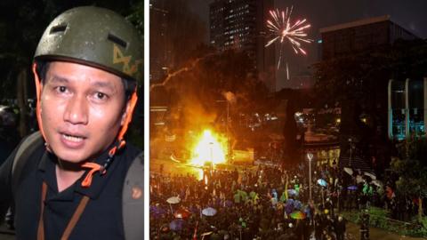 Composite image showing BBC reporter on the left and fire burning during protest