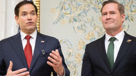 US Secretary of State Marco Rubio and US National Security Advisor Mike Waltz address a press conference.