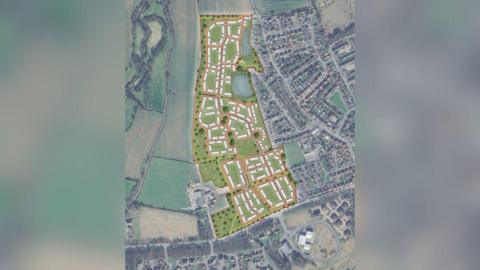 A map of the planned Colburn Grange development showing fields to the left of the planned development and existing housing to the right hand side.
