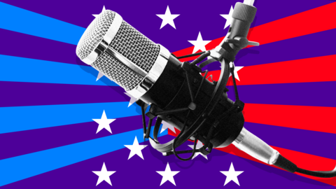 A radio mic in black and white in front of an illustrated background - it has blue and red stripes and white stars and is reminiscent of the US flag 