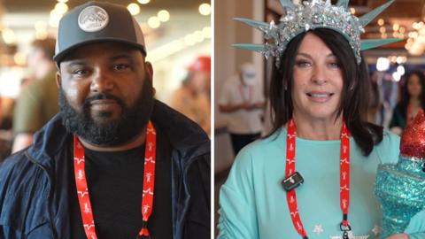 Splitscreen. Left, a man in a puffer. Right, a woman dressed as the statue of liberty.