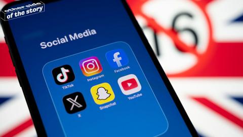 Smartphone in front of UK flag bearing under-16 ban symbol