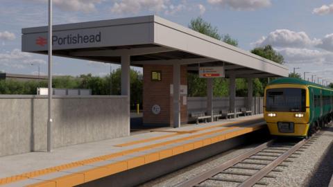 An artist's impression of the new railway station at Portishead. A small green and yellow train is coming into the station, and the building consists of a small covered shelter over a number of benches. 