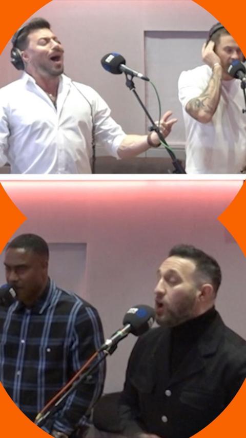 Four men in a studio, singing.