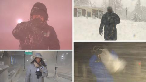 A screen spit in four with four reporters standing in snowy conditions with winter coats on. 
