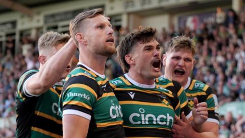 Northampton's George Furbank celebrates scoring a try during the Gallagher PREM match at cinch Stadium at Franklin's Gardens, Northampton.