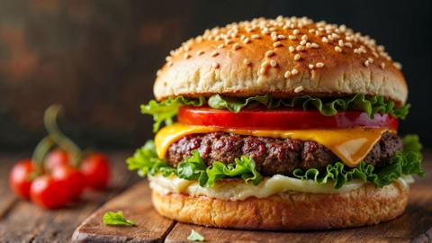 A beef burger in a sesame seed bun, with lettuce, cheese and a slice of tomato. 