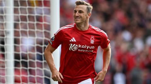 Chris Wood smiles as he celebrates a goal for Nottingham Forest this season