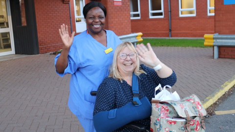 Janice Harrison wheeled out of hospital by nurse