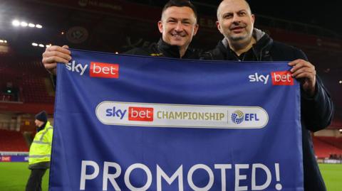 Paul Heckingbottom and Prince Abdullah Bin Mosaad Bin Abdulaziz Al Saud celebrate promotion to the Premier League in 2023