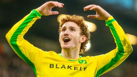 Norwich striker Josh Sargent celebrates scoring against Derby