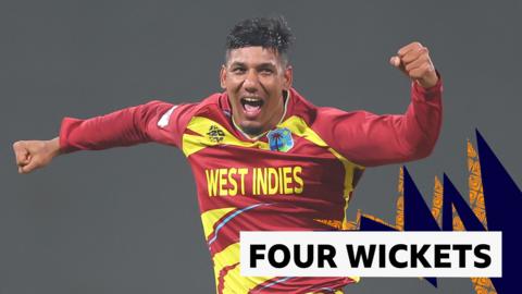 Watch Gudakesh Motie's 'lovely bit of bowling' as he scores four wickets for West Indies.