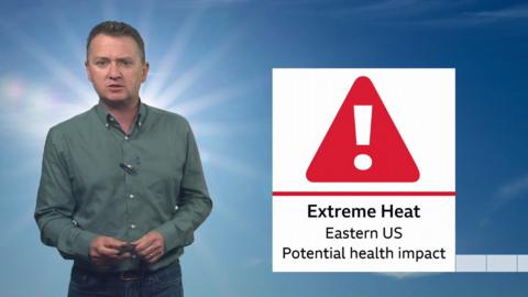 Presenter Matt Taylor next to an extreme heat warning graphic