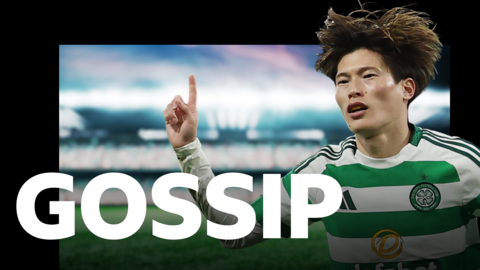 BBC Sport’s football gossip graphic and striker Kyogo Furuhashi celebrating a goal for Celtic in January 2025