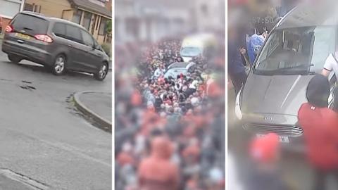 Three pictures showing Doyle's car: one leaving his address and the other two showing car surrounded by people